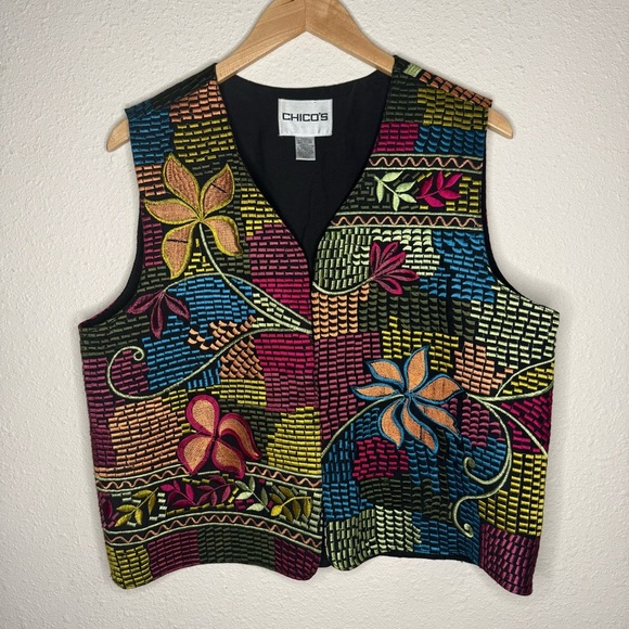 Chico's Boho Embroidered Vest Retro Floral Multi Color Women’s Sz 12 (Chico’s 2) - Picture 1 of 9